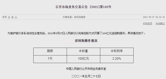 中国央行公开市场进行100亿元7天期逆回购操作另有100亿元逆回购到期