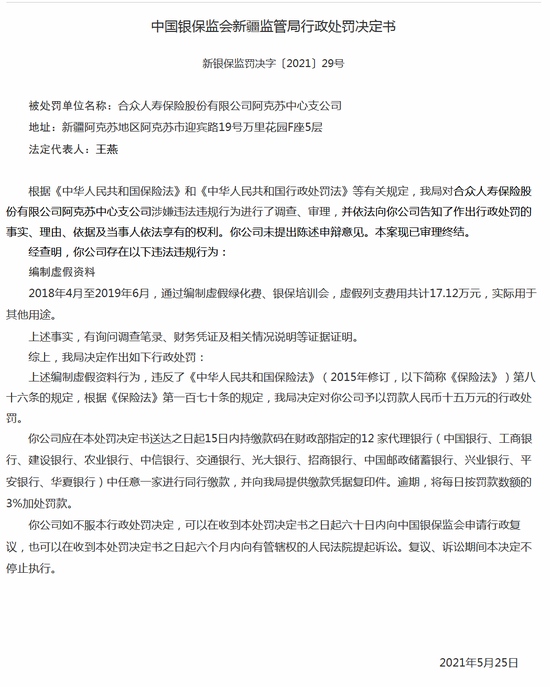 合众人寿阿克苏中支被罚15万编制虚假资料