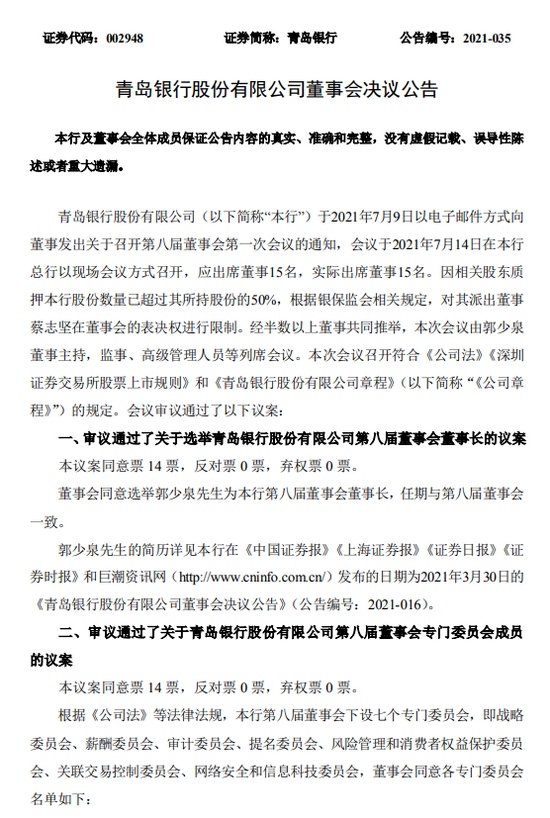 青岛银行选举郭少泉为董事长聘任王麟担任行长